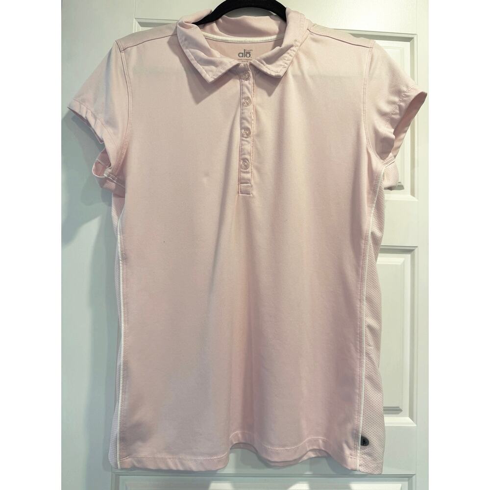 Alo Yoga CoolFit Baby Pink Short Sleeve Polo Shirt Womens Large Activewear